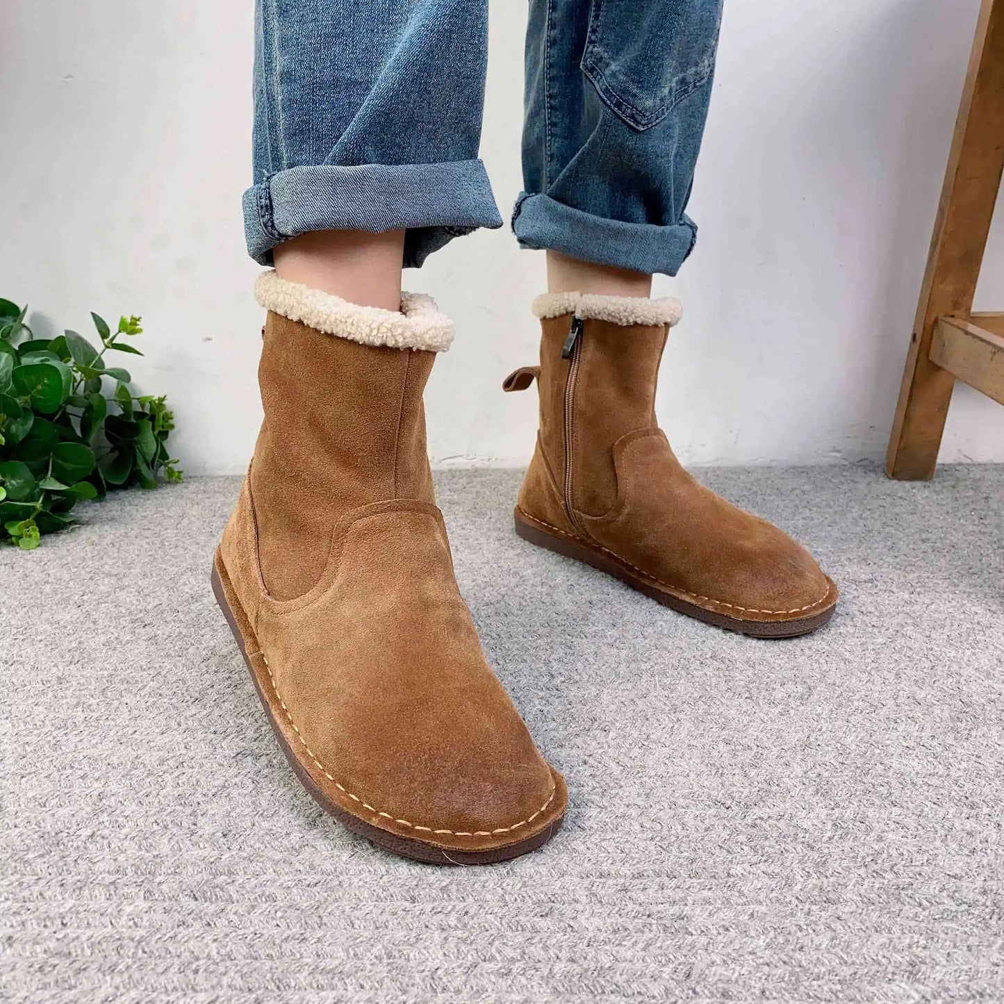 Careaymade-Genuine cow leather Snow cotton round head flats woolen short boots plush warm snow boots Oversized shoes size 35-43