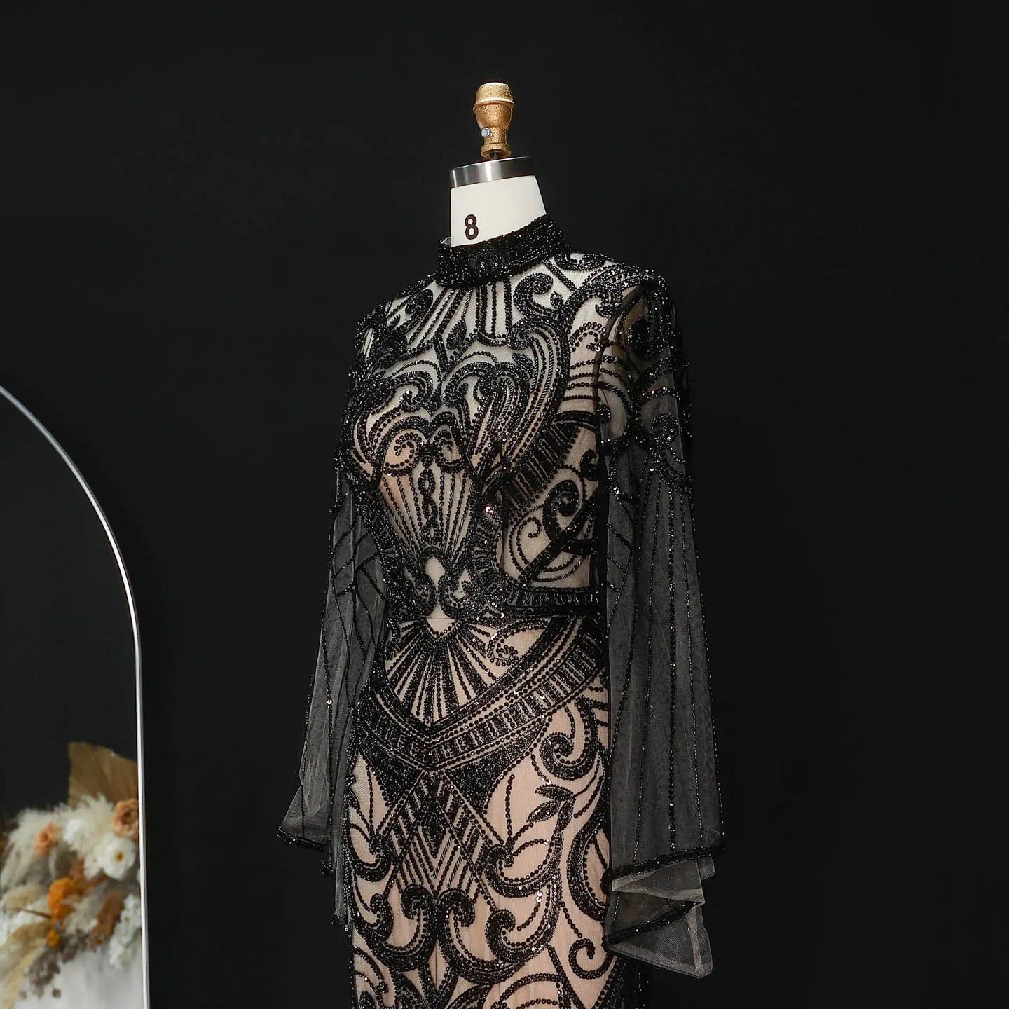 Sharon Said Dubai Black Evening Dress Geometric Beaded Pattern Long Flare Sleeve شارون سعيد Women Formal Prom Gown SS055 Custom