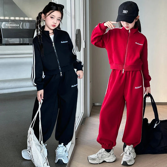 Sportswear Girls Spring Autumn Short Jacket And Jogger Pants Two Piece Set Cool Streetwear 2026 Children Clothes Casual