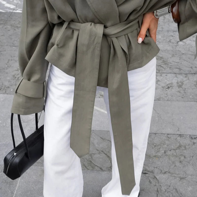 Lace Up Jacket For Women Casual Long Sleeve Turn Down Collar Autumn Outerwear