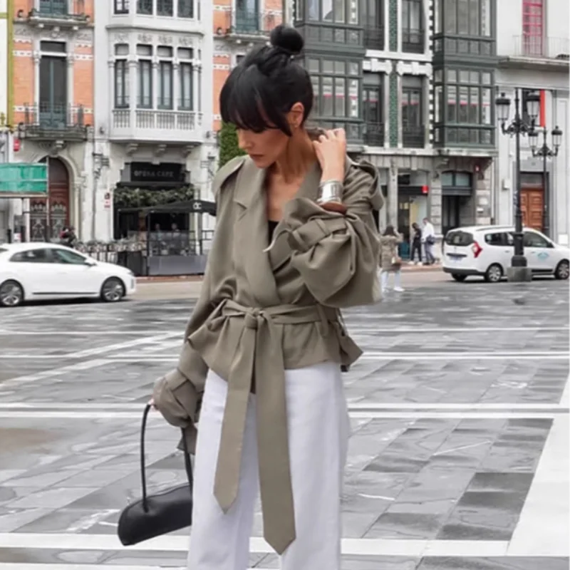 Lace Up Jacket For Women Casual Long Sleeve Turn Down Collar Autumn Outerwear