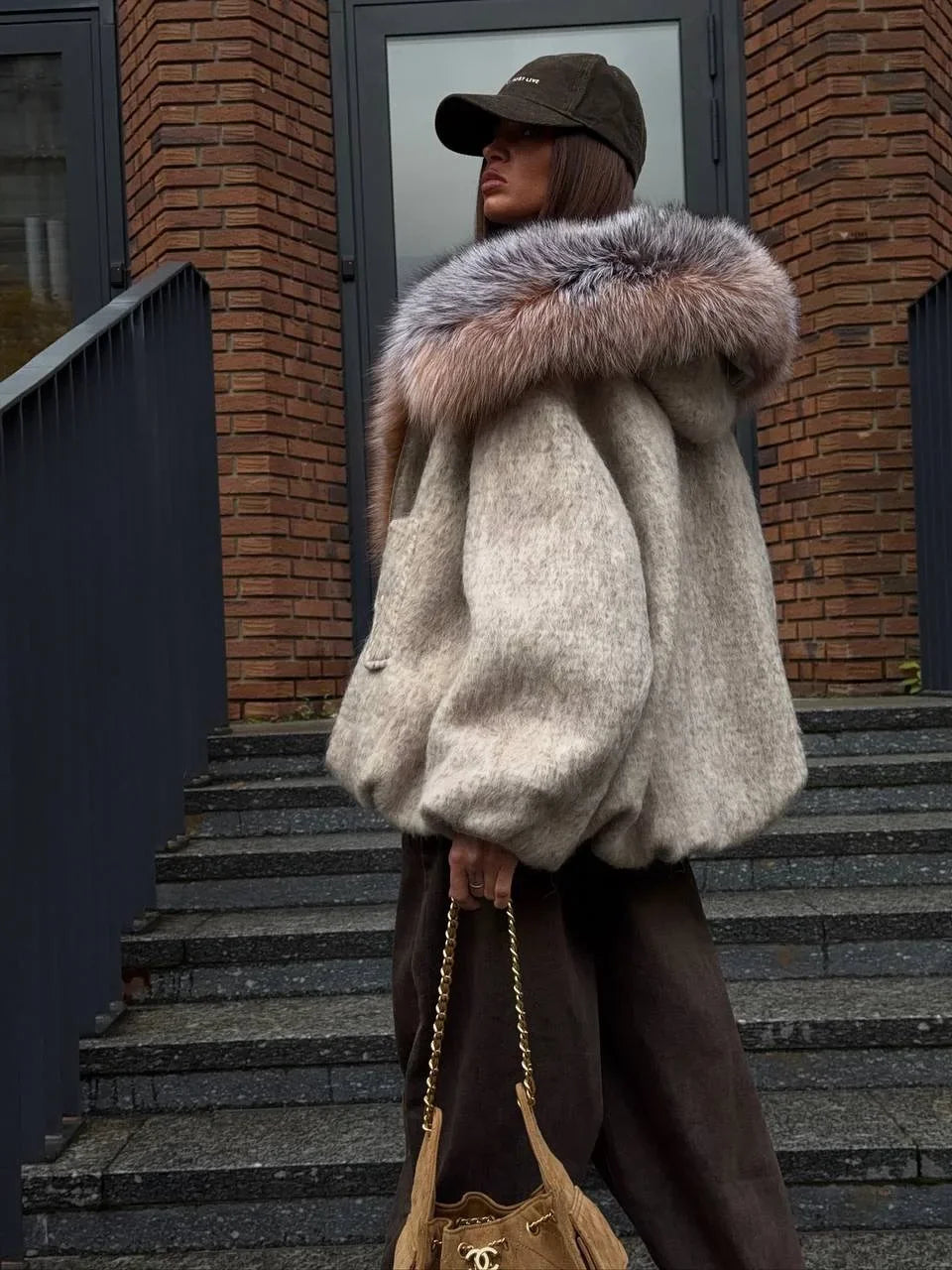 Chic Faux Fur Collar Patchwork Woolen Coat Women Casual Lapel Full Sleeve Zipper Loose Warm Coats Lady Commute Office Outerwears