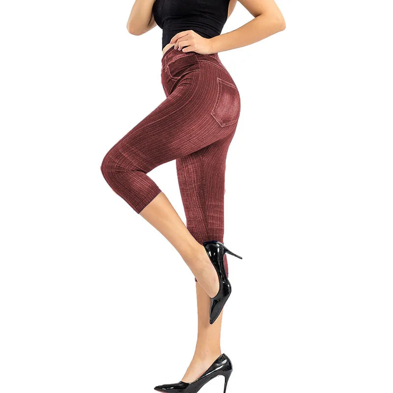 1pcs Womens Denim Print Leggings Female Fashion Slim Leggings Faux Jeans Leggings Lady Stretch Printed Leggins Pants Capri Pants