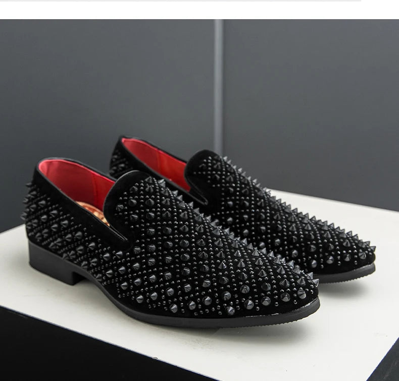 Men's Fashion Suede Leather Rivet Loafers Mens Casual Printed Moccasins Oxfords Wedding Shoes Man Party Driving Flats EU size 47