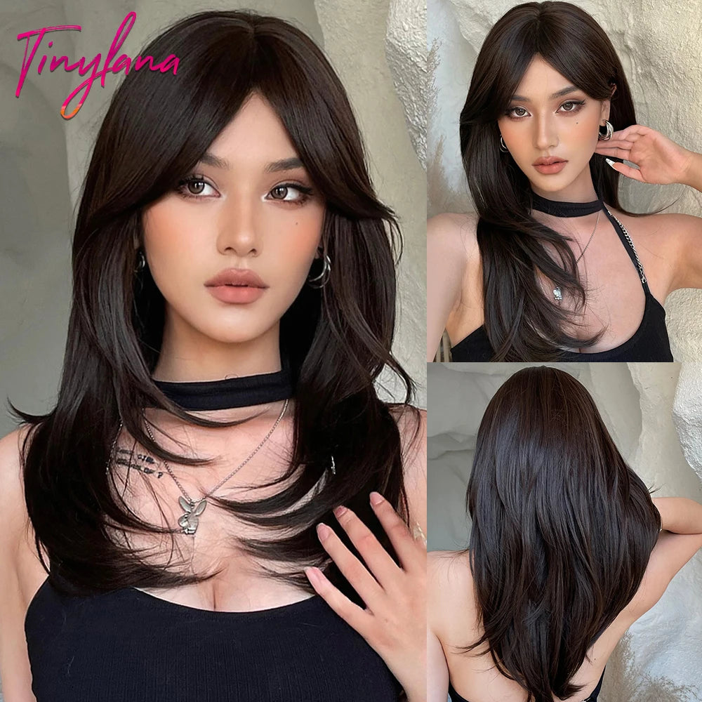 Dark Brown Black Synthetic Wigs Long Straight Layered Wig with Bangs Cosplay Party for Women Afro Natural Heat Resistant Hair
