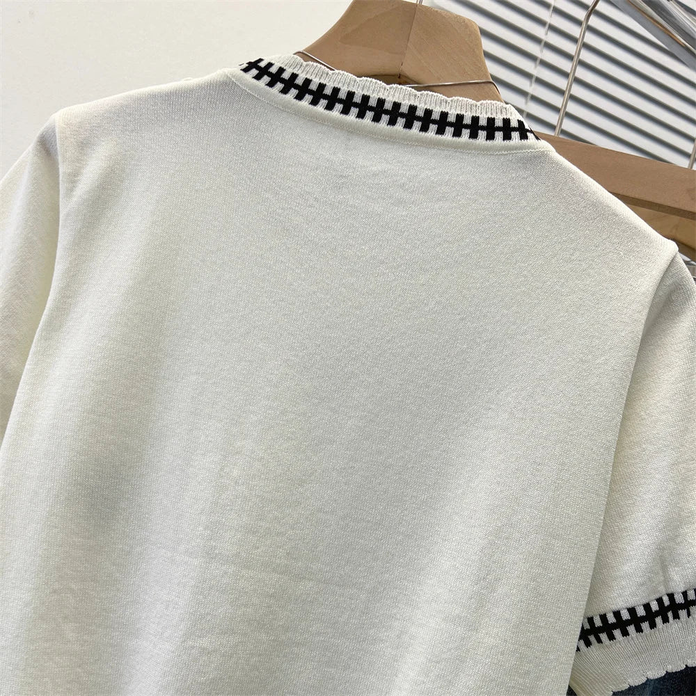 2024 Summer Stylish Sweater For Women Knit Pullover T-shirts Short Sleeve Color-blocked Fashion Elegant Ladies Knitwear Tops