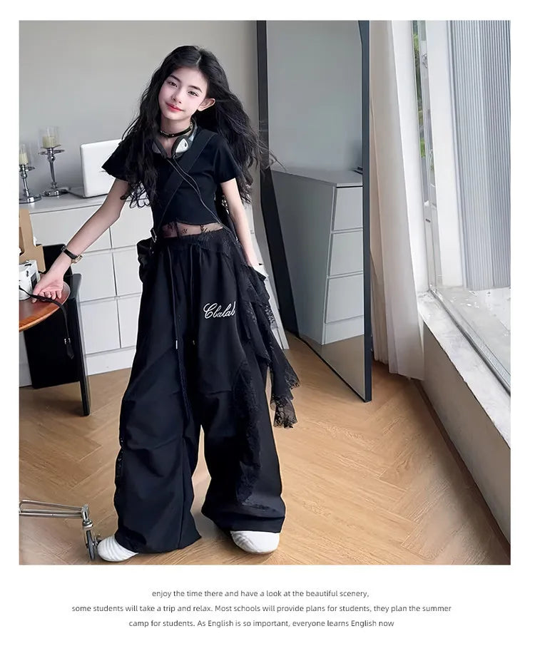 4-14 girls Hip Hop Jazz Street Dance clothes Set Child Summer Clothing Lace patchwork T-shirt+work pants 2pcs kids outfits suit