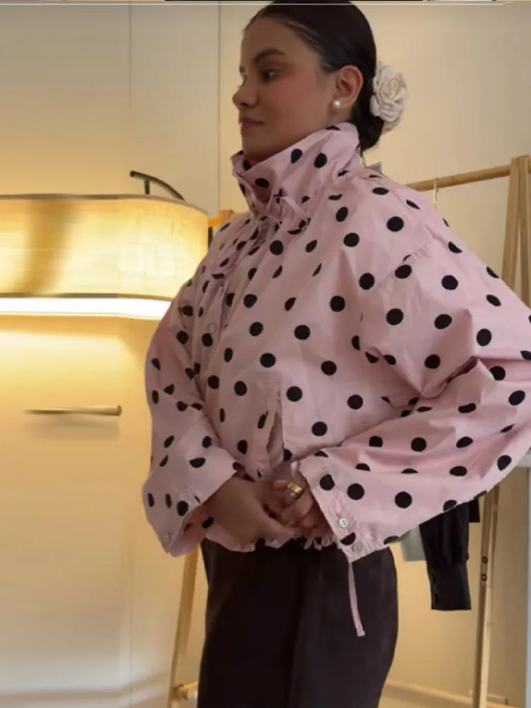 Chic Polka Dot High Neck Short Jacket For Women Long Sleeve Loose Lace Up Coat Commuter Casual Outwears 2026 New Lady Streetwear