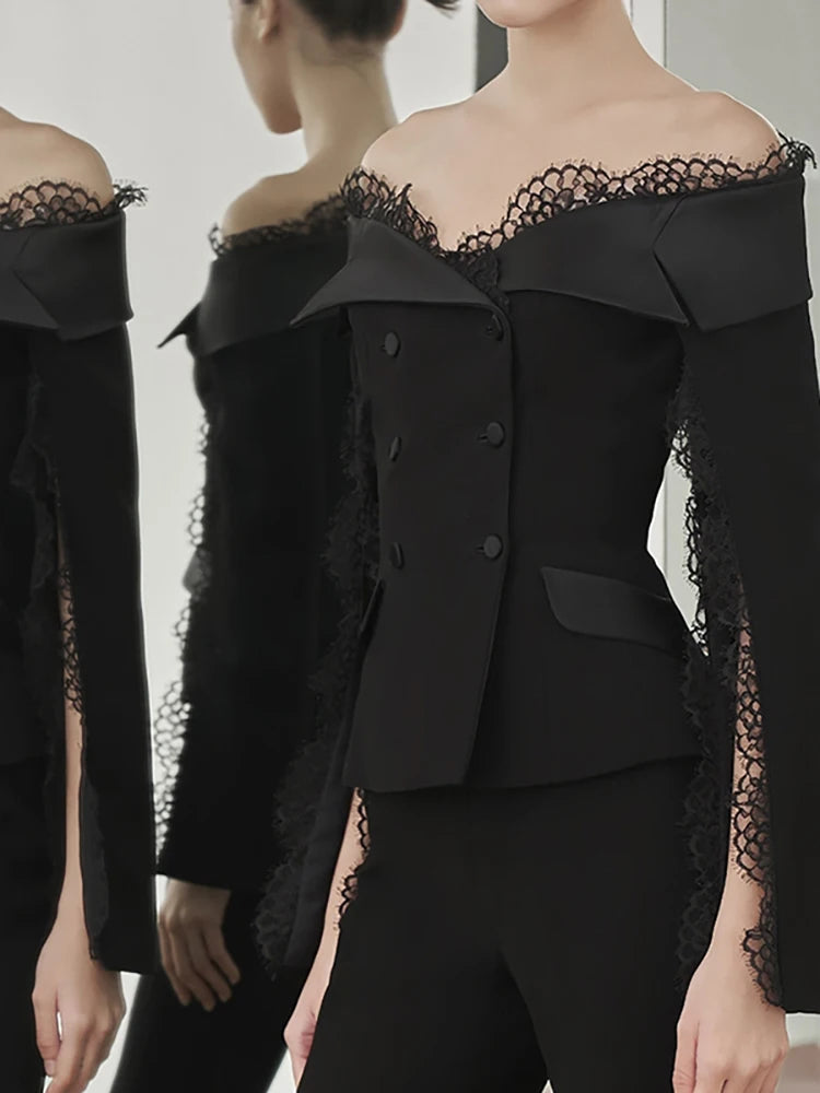 QMQA Fashion Women's 2 Pcs Set Slash Neck Long Sleeveless Patchwork Lace Blazer High Waist Slim Pants Sets Female New 1A656