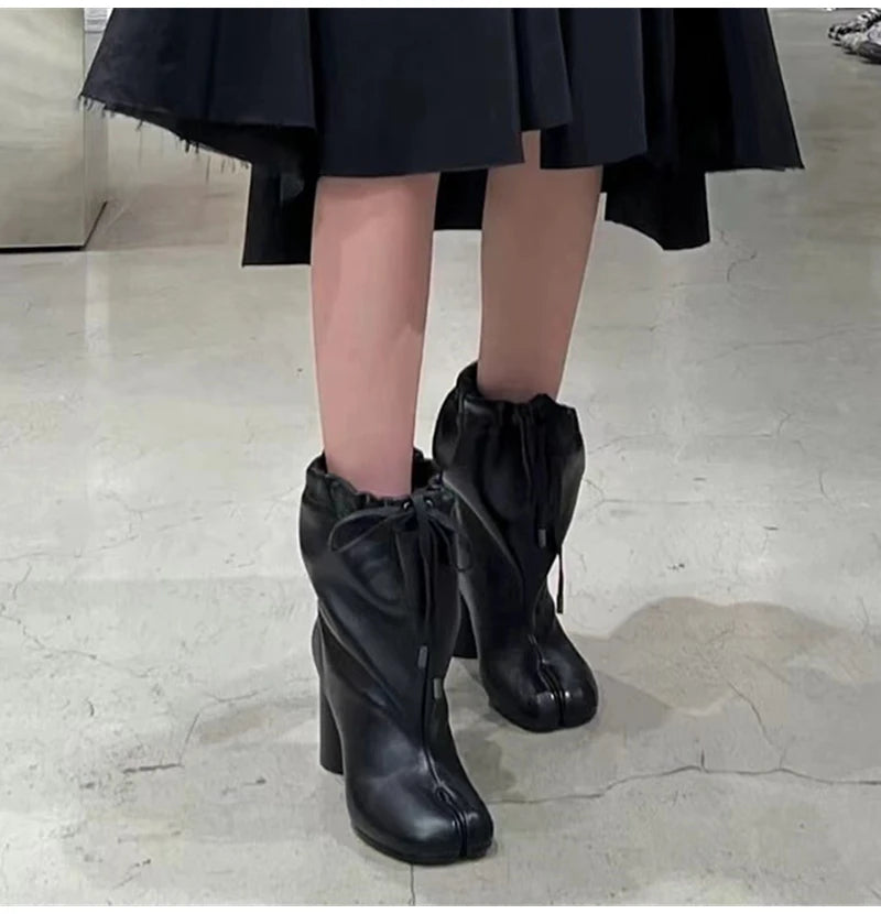 Street Style Fashion Split Toe Women Mid-calf Boots Autumn Winter Genuine Leather Tabi High heels Modern Chunky Booties Shoes
