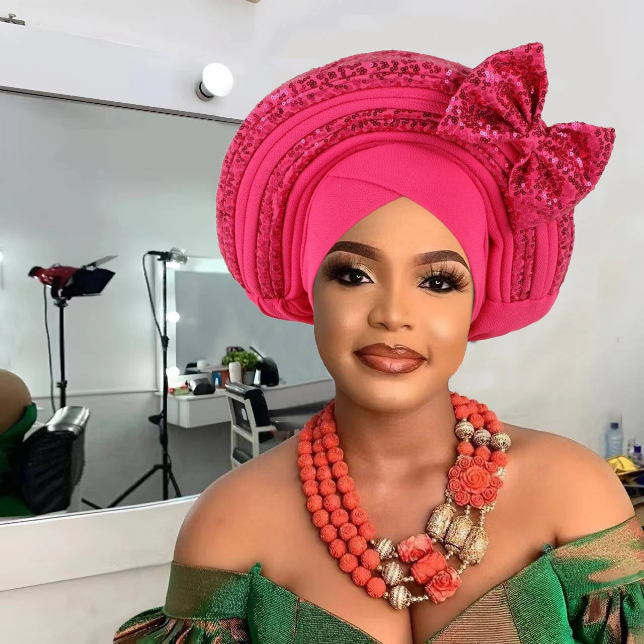Sweet Bowknot Auto Gele Headtie for Women African Head Wraps Lady Party Headpiece Female Sequins Turban Cap