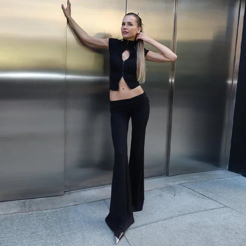 Y2k Black Hollow Out Slit Dress Women Solid Short Sleeve High Neck Slim Fit Maxi Dresses Lady Fashion Evening Party Club Robe
