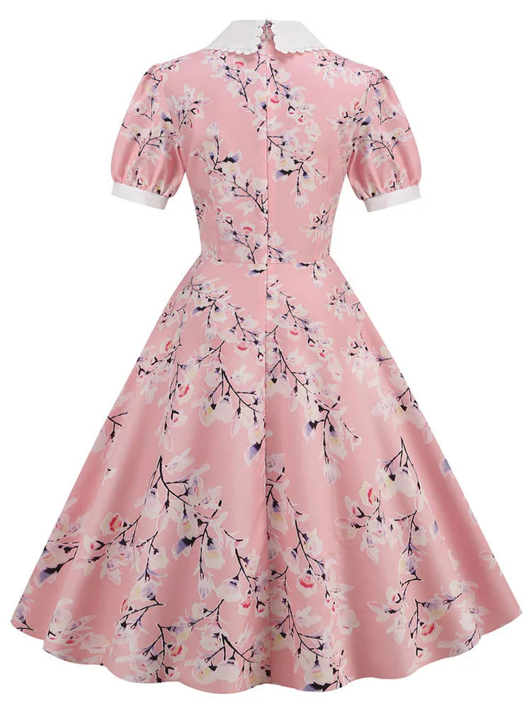 Women Vintage Dress Floral Print Peter pan Collar Elegant Party Dress Puff Short Sleeve Pin Up 50s Party Sundress 3XL