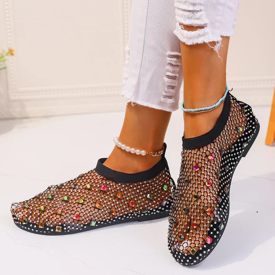 Summer Women's New Round Toe Flat Bottom Sandals Hollow Short Boots Water Diamond Sexy Flat Bottom Fashion Banquet Sandals