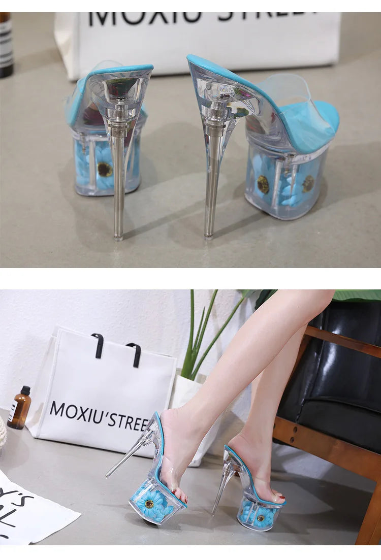 Crystal Transparent Shoes Women 17.5CM Super High Heels Plus Size Nightclub Sandals Clear Thin Heeled Fashion Female Slippers