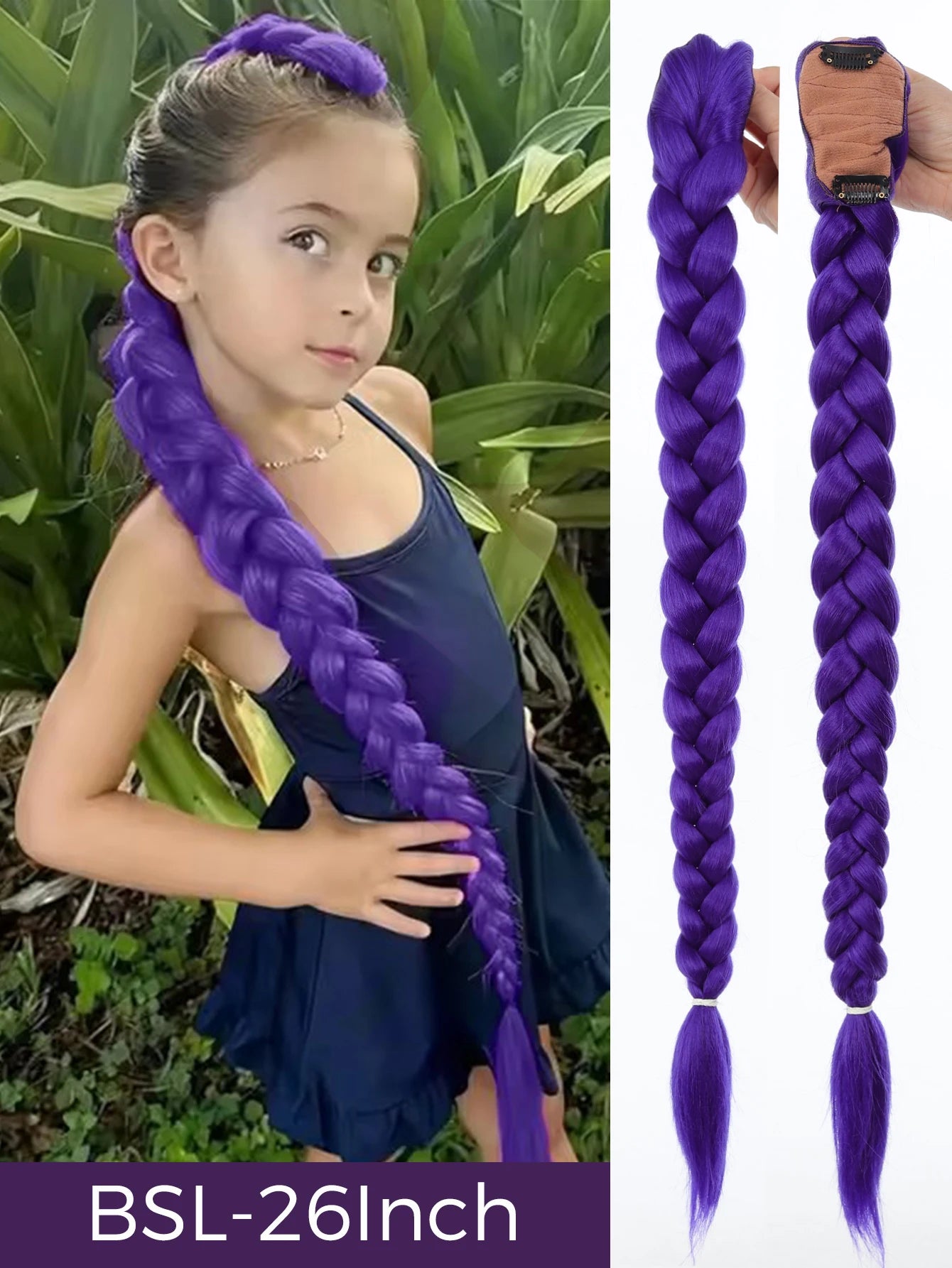 Synthetic 26inch Long Ponytail with Clips Braided Purple Hair Ponytail Rumi Costume Hairstyle for Kids Girls Halloween Christmas