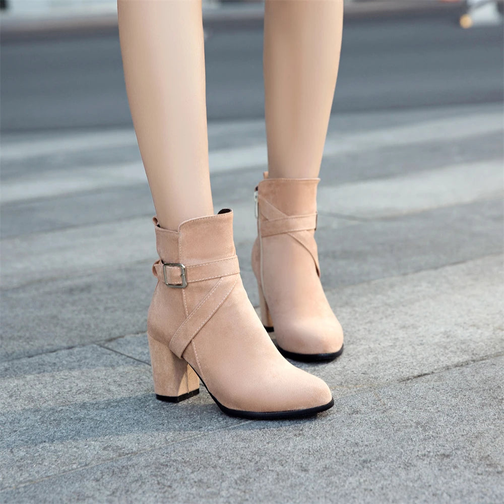Women High Heels Ankle Boots 2025 Round Toe Elegant Short Booties Ladies Ankle Boots Buckle Decoration Black Blue Autumn Winter