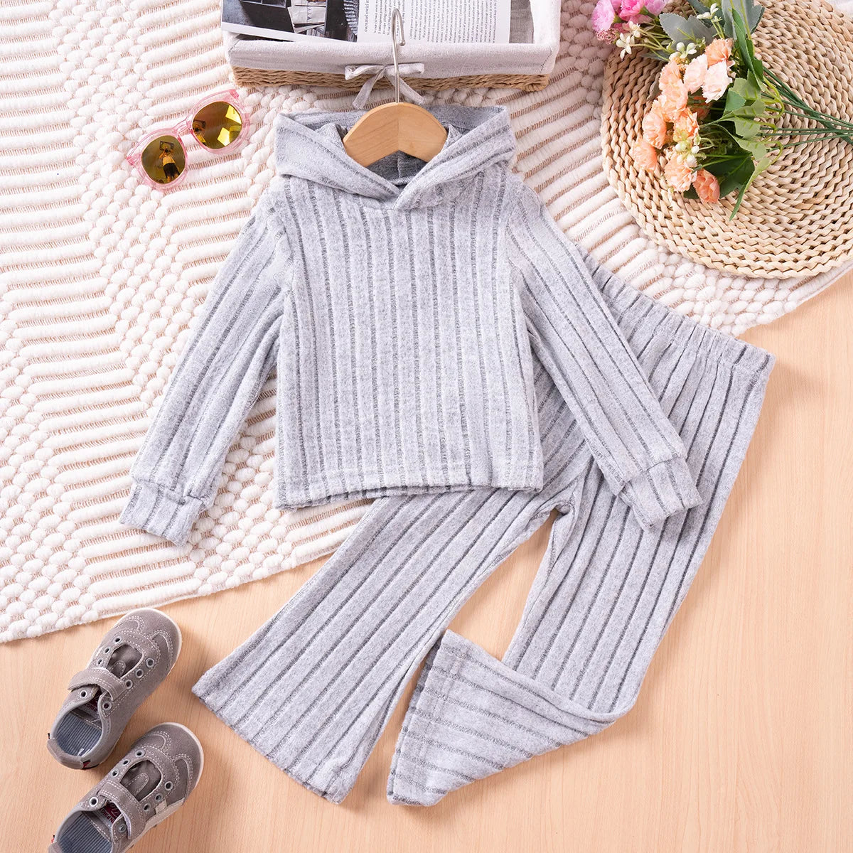 Girls Children Outfit Set Hooded Knit Sweater Long Sleeve Solid Pants Casual Clothing for Kids Toddler Daily Wear Autumn Spring