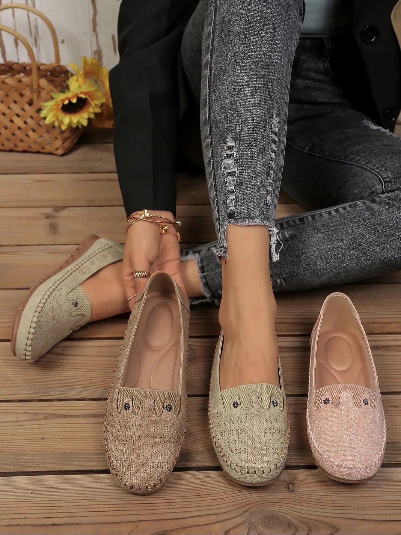 goreyodoly women loafers hollow floral design patchwork slip on flats breathable lightweight casual walking shoes soft non slip