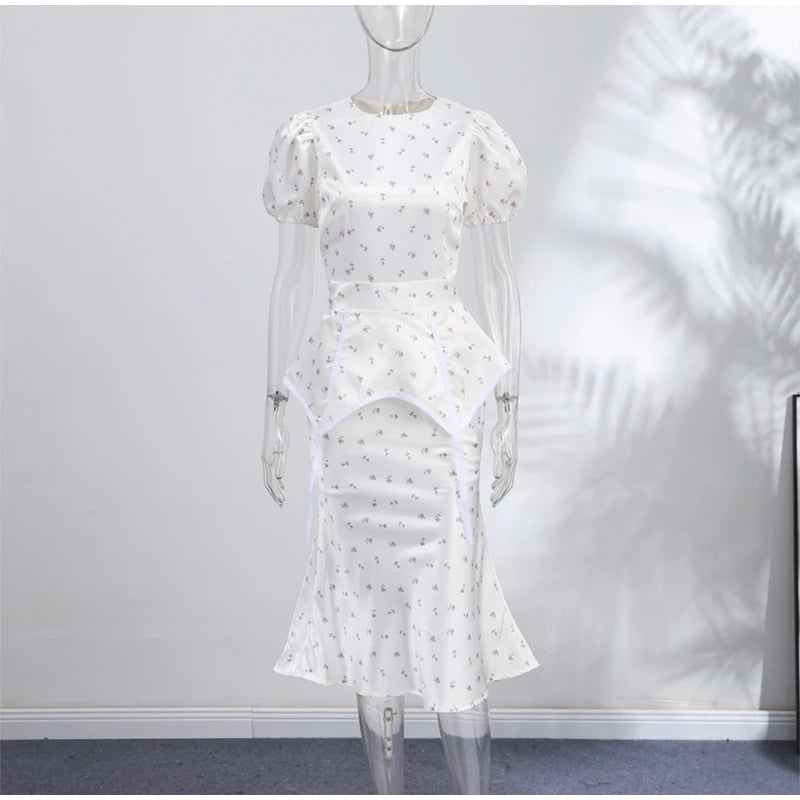 Women's White Floral Print Puff Sleeve Dress With Waistband Fashion Satin Ruffled Hem Maxi Dress Lady 2026 Elegant Party Robes