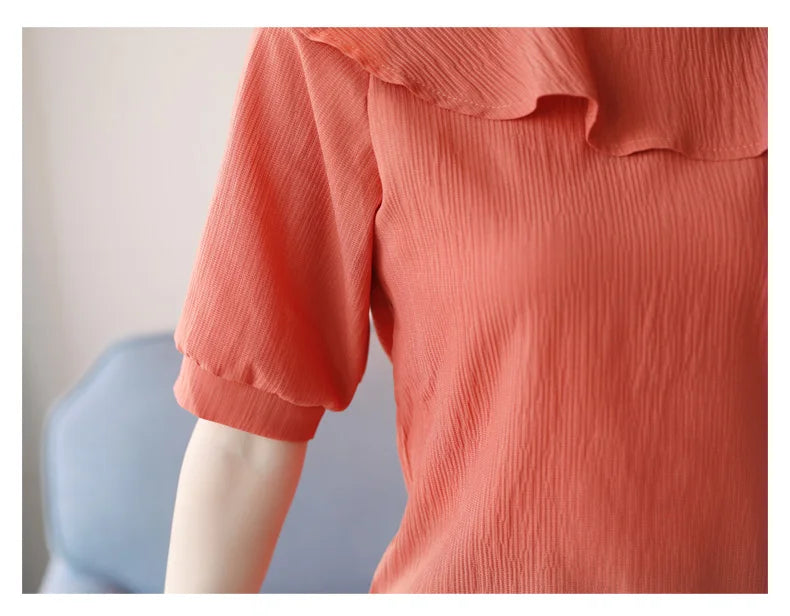 Women's One Shoulder Ruffles Chiffon Blouse Shirt Short Sleeve Pullover Acetate