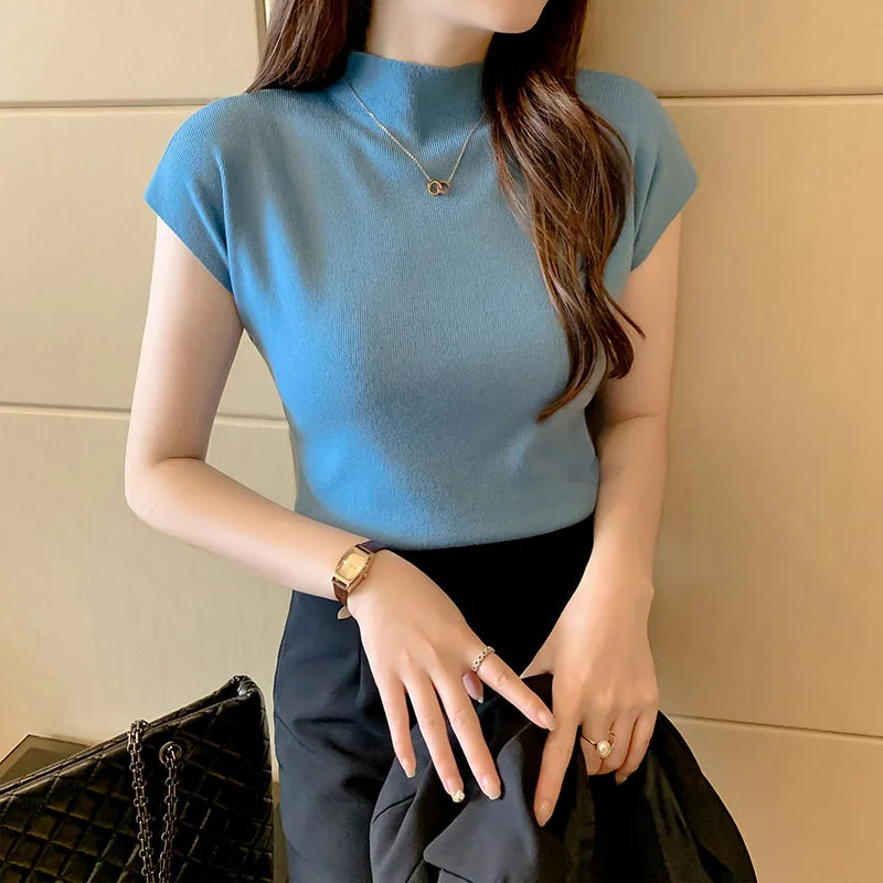 2026 Women Summer Knitted Turtleneck Sleeveless T-Shirts Tops Solid Slim Fit Pullovers Causal Tees Female Streetwear Basics Tees