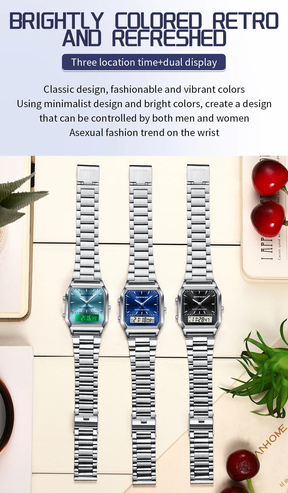 SANDA Men's and Women Watch Fashion Watches Business Style Alarm Clock Man Digital Wristwatch Square Dial Stainless Steel Strap