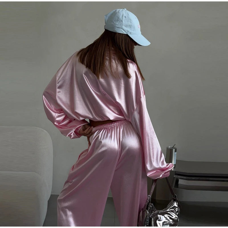 2026 Spring Satin Embroidered Zip-Up Jacket Wide Leg Pants Set Oversized Slouchy Women 2 Pcs Outfit Cool Lady Co-ord Streetwear