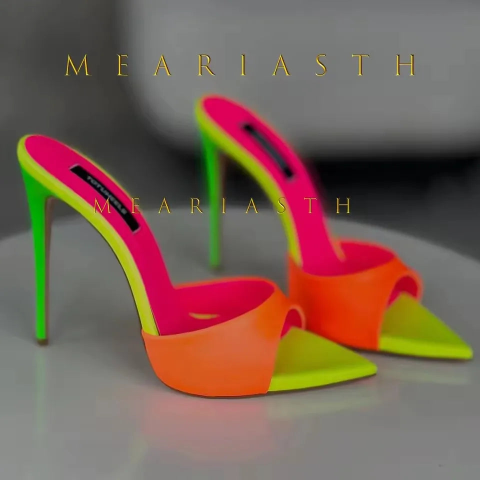 Red Patent Leather Stiletto Slippers Open Toe Solid Sexy High Heels Summer 2025 New Nightclub Outside Plus Size 45 Luxury Shoes