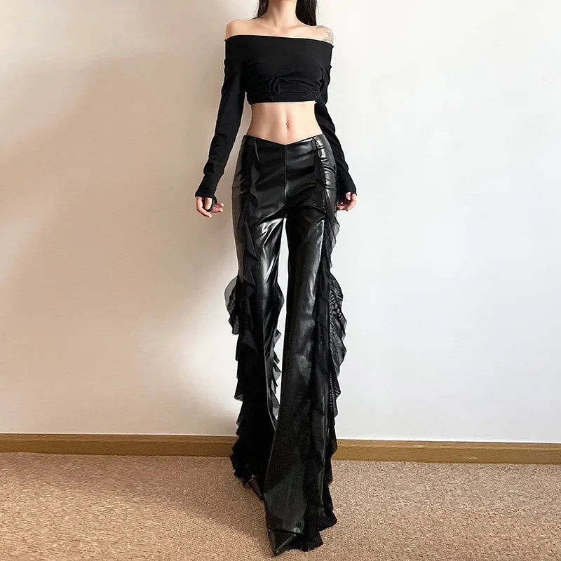 Punk Style PU Leather Pants Gothic Black Lace-paneled Trouser Sexy High-waisted Slim Flared Pants 2026 Summer Women's Clothing