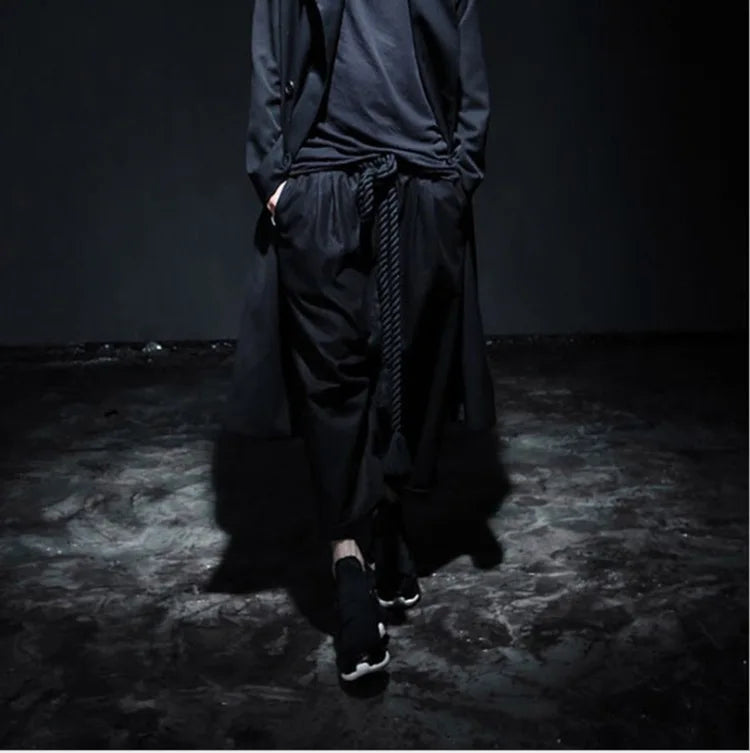 Men's Summer Black Linen Harem Pants Nightclub Stage Baggy Trousers With Rope Belt Mens Gothic Punk Hip Hop Joggers Street Wear