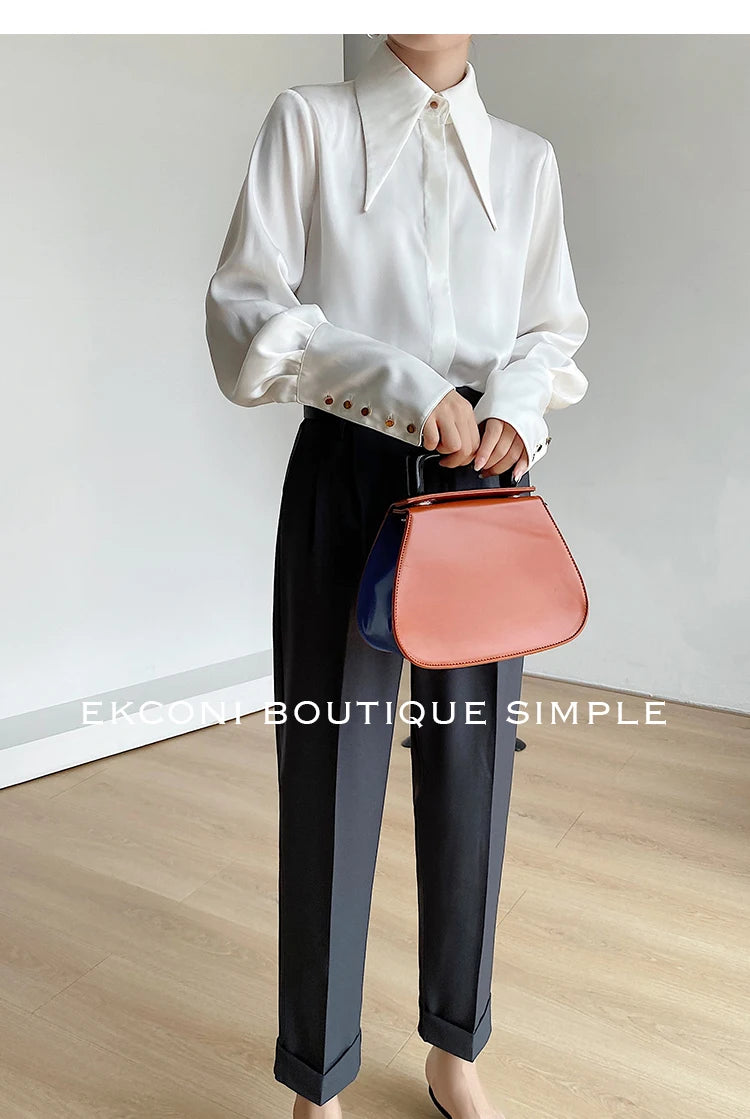 Stylish Elegant Turn Down Collar White Long Sleeve Satin Shirts Fashion Woman Vintage Blouse 2024 Office Lady Tops Blusas 16946