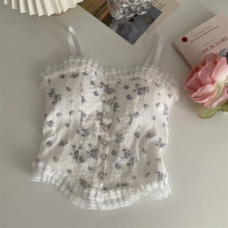Korean Women Lace Tank Tops Back-beautiful Underwear Summer Floral Tube Tops French Wood Ear-hem Camisole ropa de mujer