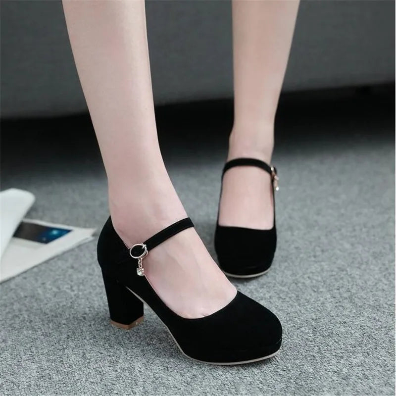Women Pumps Ankle Strap Red Bridal Wedding Party Platform Dress High Heel Shoes Suede Ladies Black Office Shoes 32-43