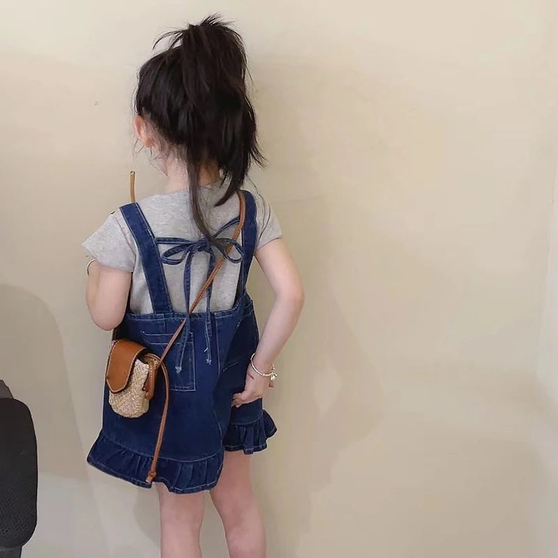 Summer Girls' Clothing Sets Casual Style Pocket Denim Suspender Dress +Short Sleeve 2Pcs Baby Kids Children Clothes Suit