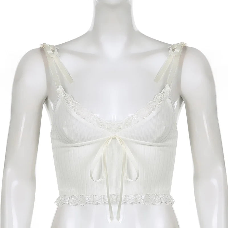 Lace Trim Backless Crop Top White Bow Knit Vest For Women Summer Beach Tee