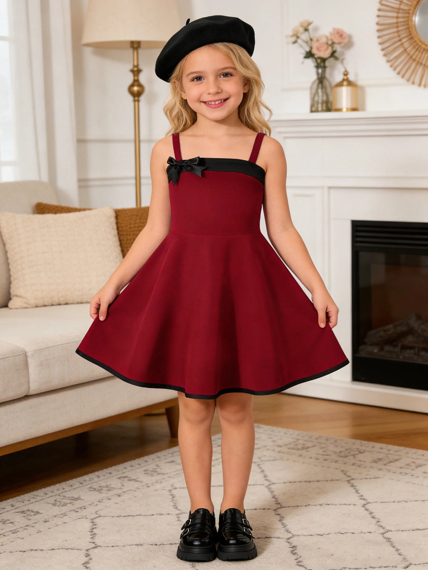 Summer fashion dress for girls, casual outdoor camisole bow dress for girls, suitable for daily and outdoor activities