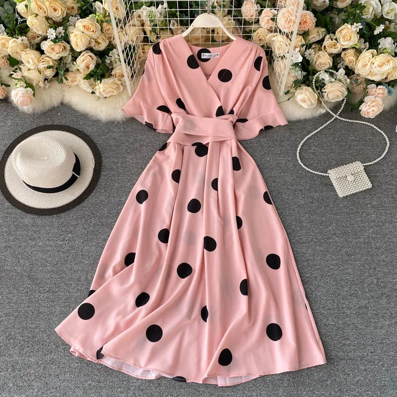 YuooMuoo Chic Polka Dot Print Women Dress Summer Vintage Swing Midi Party Dress