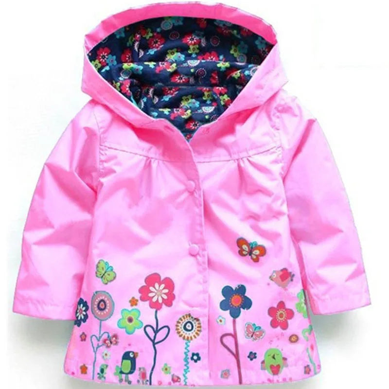 Girls Fashion Waterproof Children Clothes Autumn Casual Baby Boys Windcoat Long Sleeve Jacket Flower Print Kids Hoodie Outwear