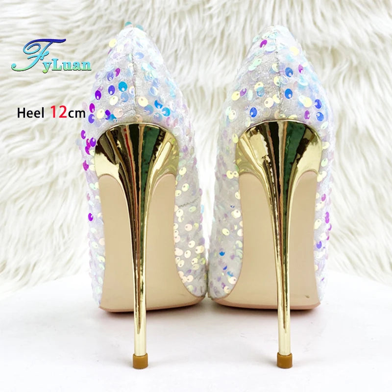 Women Wedding High Heels Fashion Pointed Toe 8CM 10CM 12CM Blingbling Party Dress Shoes Plus Size 45 Glitter Sequis Woman Pumps