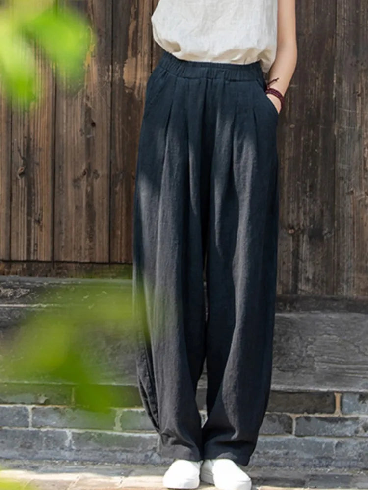 Johnature Women Loose Cotton Linen Casual Pants Solid Color Elastic Waist Lantern Pants 2025 Spring New Female Trousers