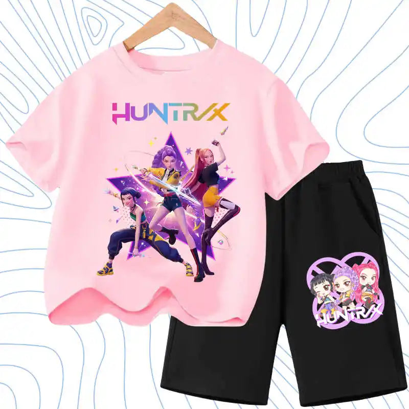 Kids Fashion Outfits Teen Children's O Neck Short Sleeve Tops Shorts 2pcs Summer Girls Casual T Shirt Sets K POP Cartoon Printed