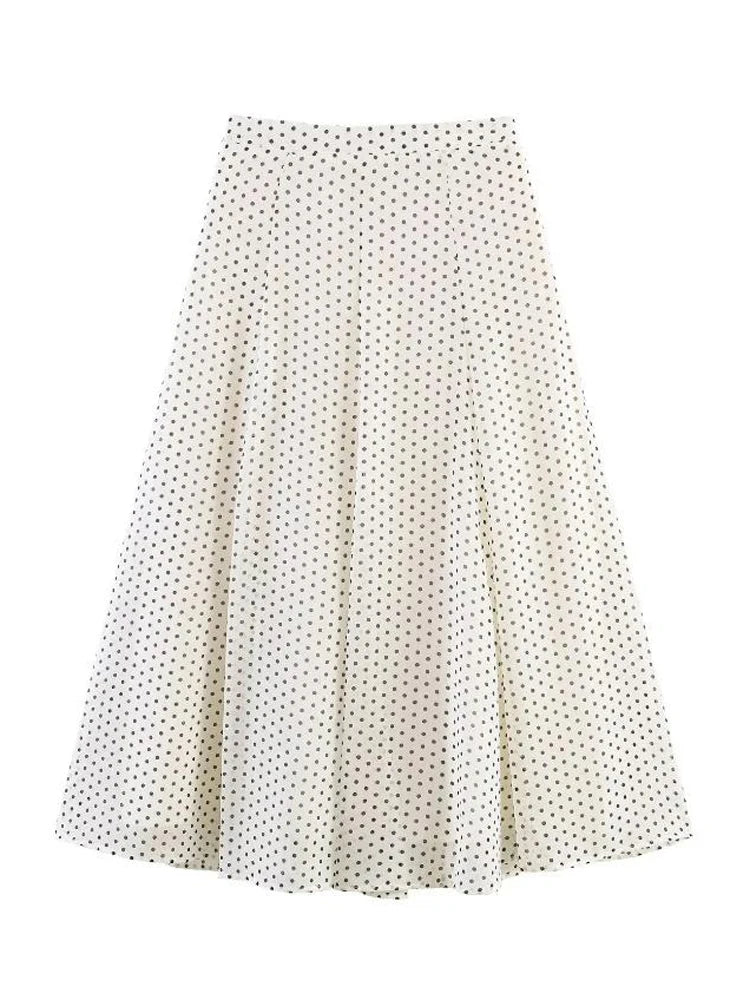 Polka Dot Skirt 2 Piece Set Women Casual High Collar Tie Full Sleeves Elastic High Waist Long Skirt Suit Lady Daily Outfit New