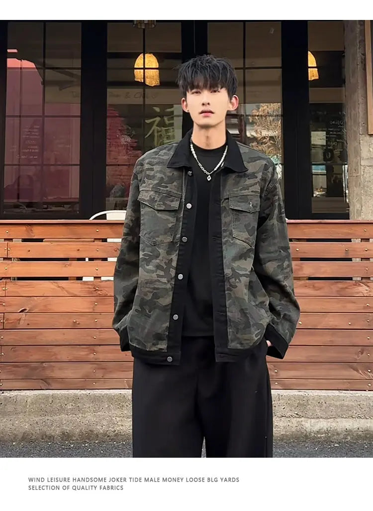 Men's Camouflage Denim Jacket Autumn Washed Turn down Collar Single-Breasted Long Sleeve Loose Fit Vintage Workwear Street Style