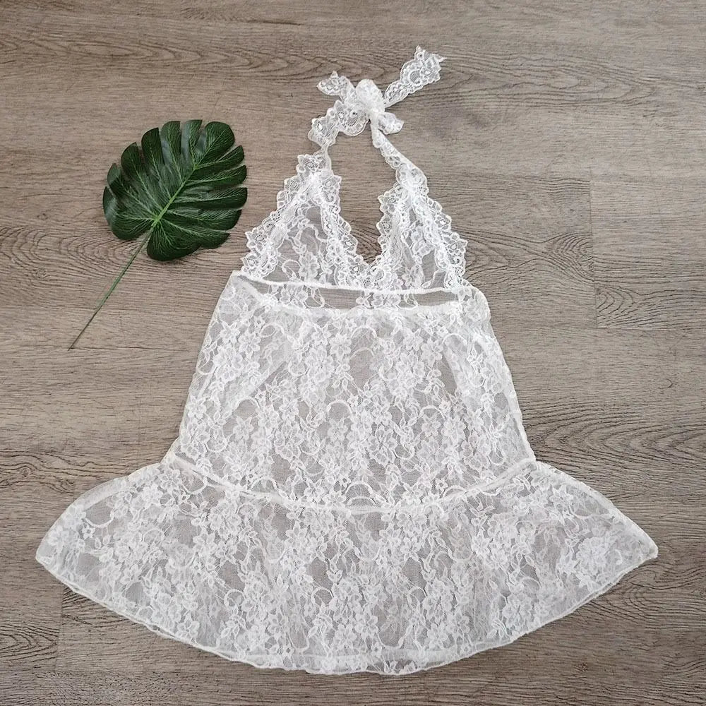Fashion Transparent Lace Halter Dress V-neck Beachwear Lace-up Short Skirts A-line Spicy Girl Style Dresses Women Club