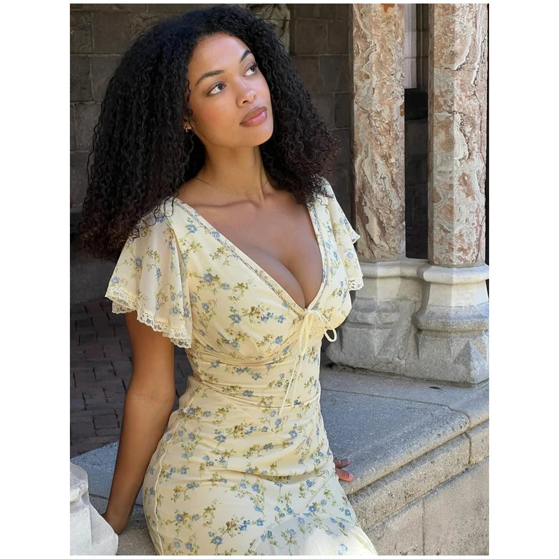 Chic Floral Puff Sleeve Women Maxi Dress Sexy V Neck Button Down Ruffle Slit Vestidos 2026 Summer New Lady Daily Party Sundress
