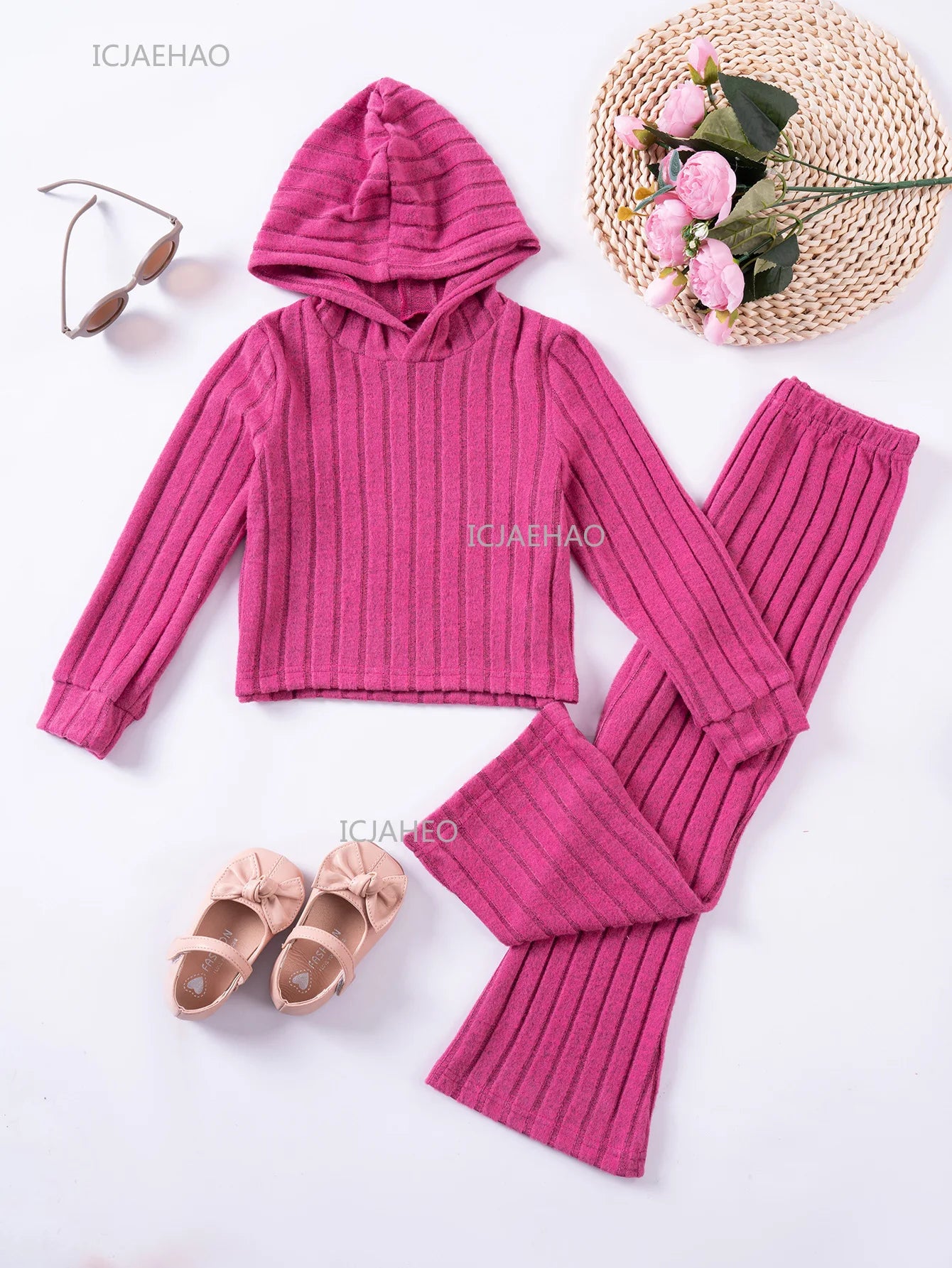 Girls Children Outfit Set Hooded Knit Sweater Long Sleeve Solid Pants Casual Clothing for Kids Toddler Daily Wear Autumn Spring