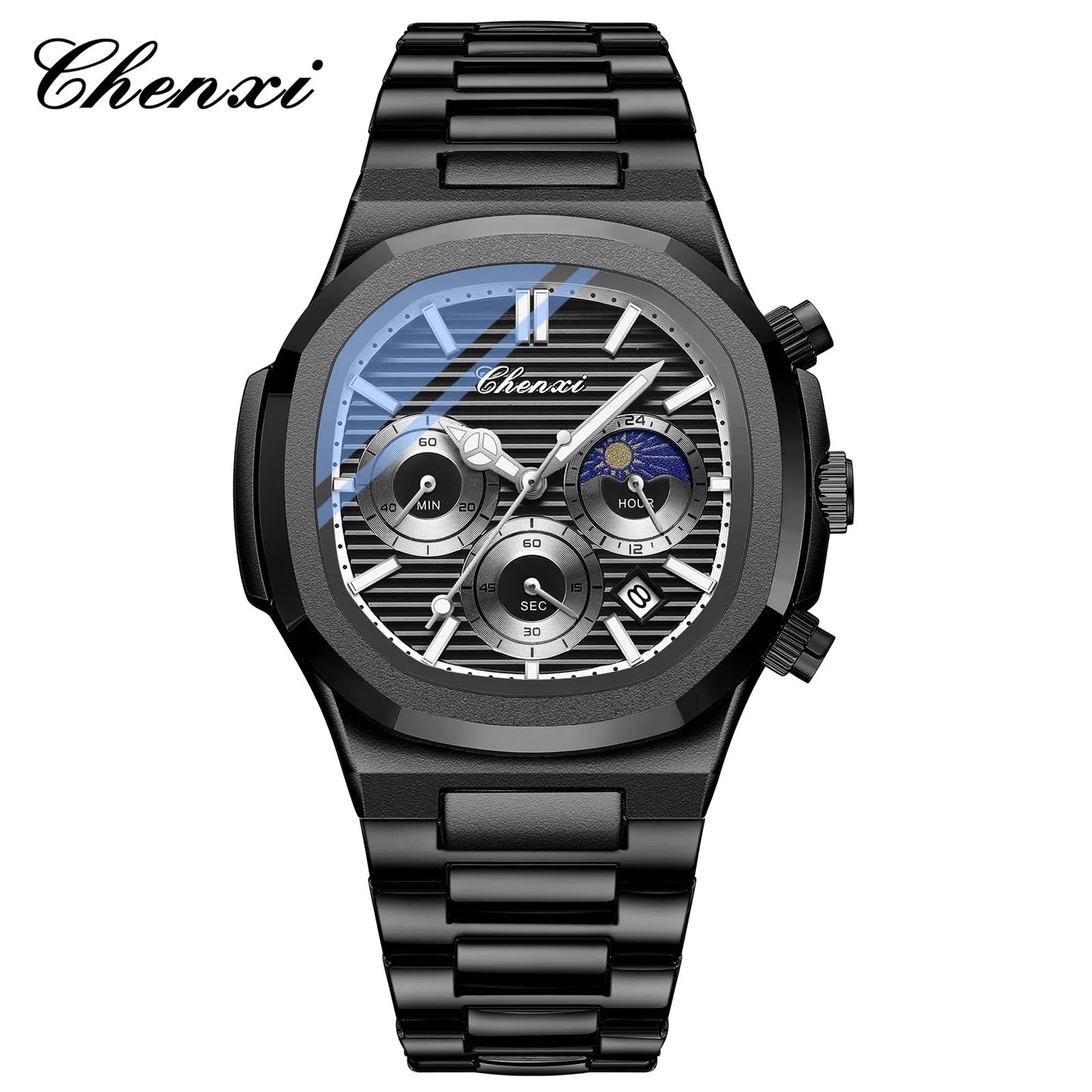CHENXI Fashion Luxury Men's Watches Stainless Steel Quartz Movement Waterproof Calendar Moon Phase Chronograph Watch for Men