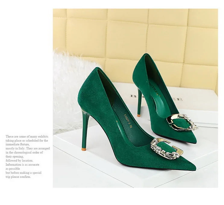 BIGTREE Shoes Metal Rhinestone Belt Buckle Women Pumps Suede High Heels Luxury Banquet Shoes Sexy Party Shoes Women Stilettos