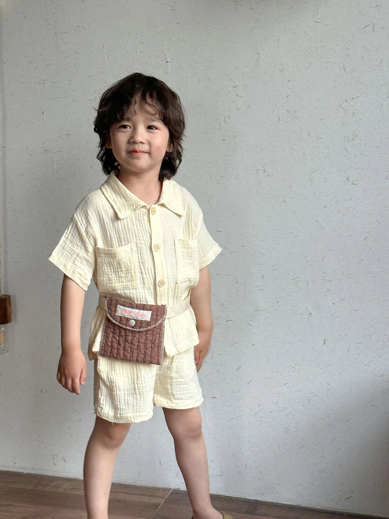 Children's Summer Clothing Set Boys' Short Sleeve Shirt Shorts 2pcs Casual Suit Girls' Solid Color Dress Sister Brother Outfit